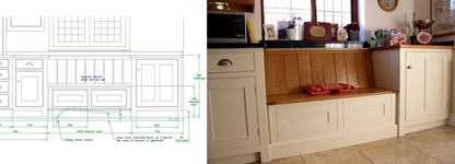 The original design drawing and a picture of the finished window seat.
